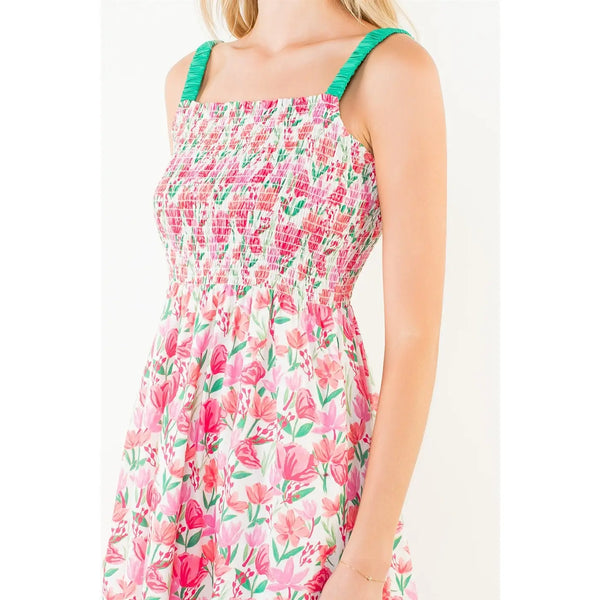 Pink Floral Print Smocked Bodice Tiered Maxi Dress