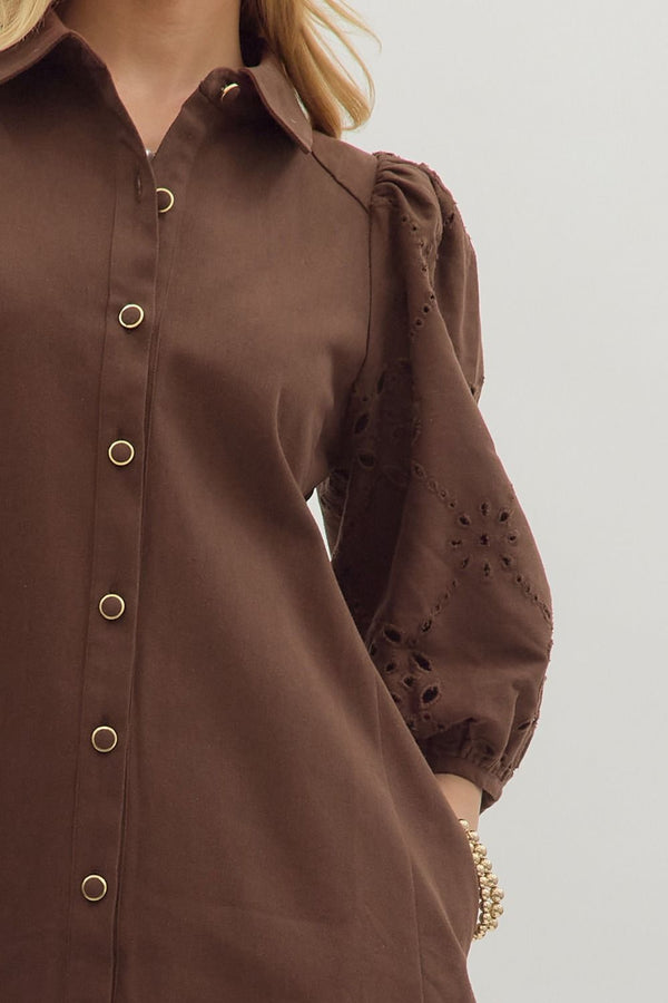 Brown Solid Eyelet Puff Sleeve Mini Dress
