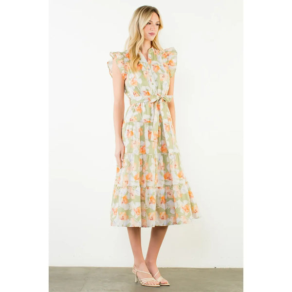 Ruffle Sleeves Floral Pattern Dress