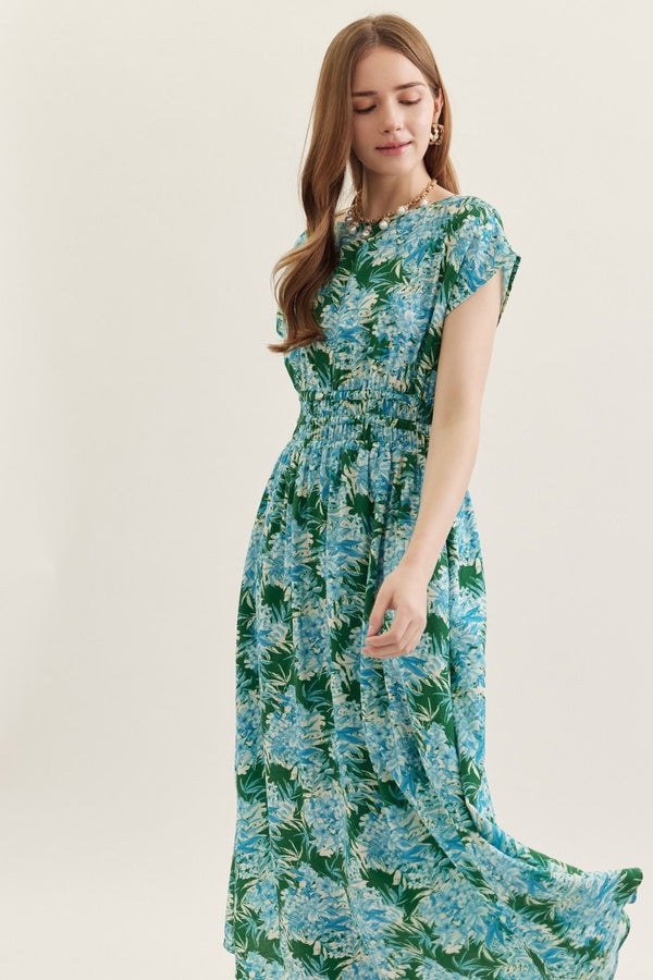 Botanical Green & Blue Print Cap Sleeve Midi Dress