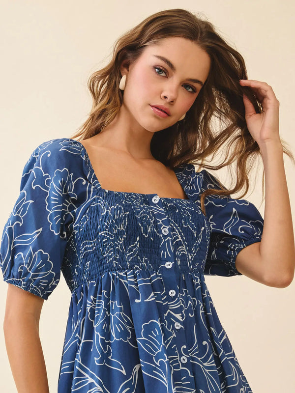 Floral Print Smocked Bodice Square Neck Maxi Dress Navy
