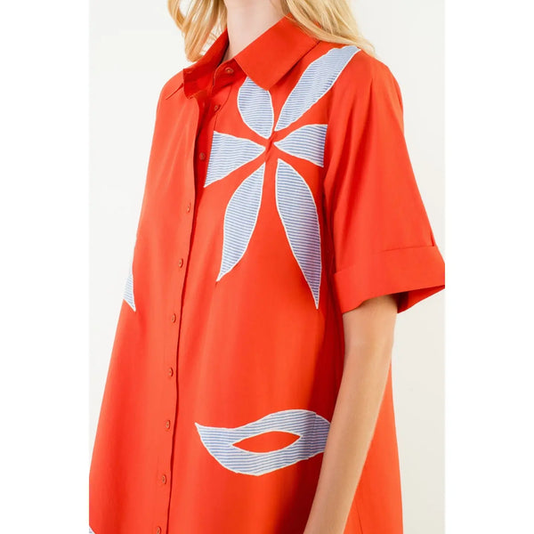 Orange Short Sleeve Floral Embroidery Dress