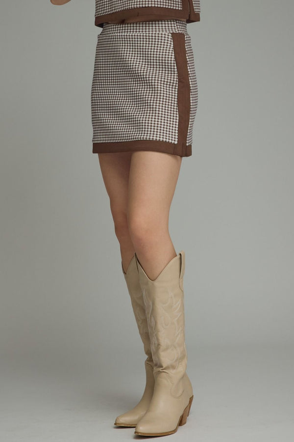 Brown Lined Gingham Mini Skirt