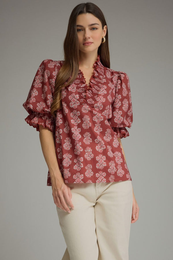 Burgundy Floral Print Puff Sleeve Top w Ruffled V-neckline