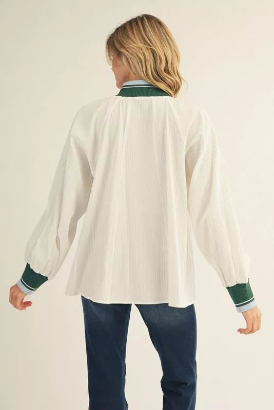 Off White Loose Fit Top with Contrast Band Detail