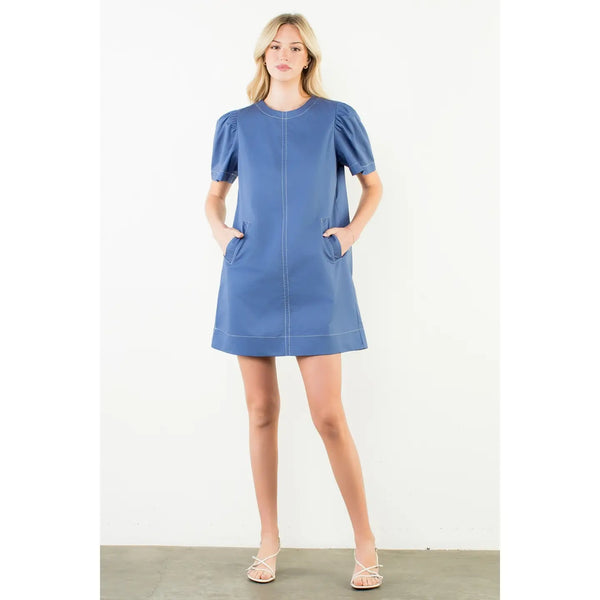 Blue Short Sleeve Contrast Stitch Dress