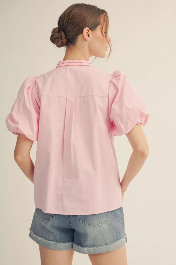 Pink Short Puff Sleeves w Embroidery Detail
