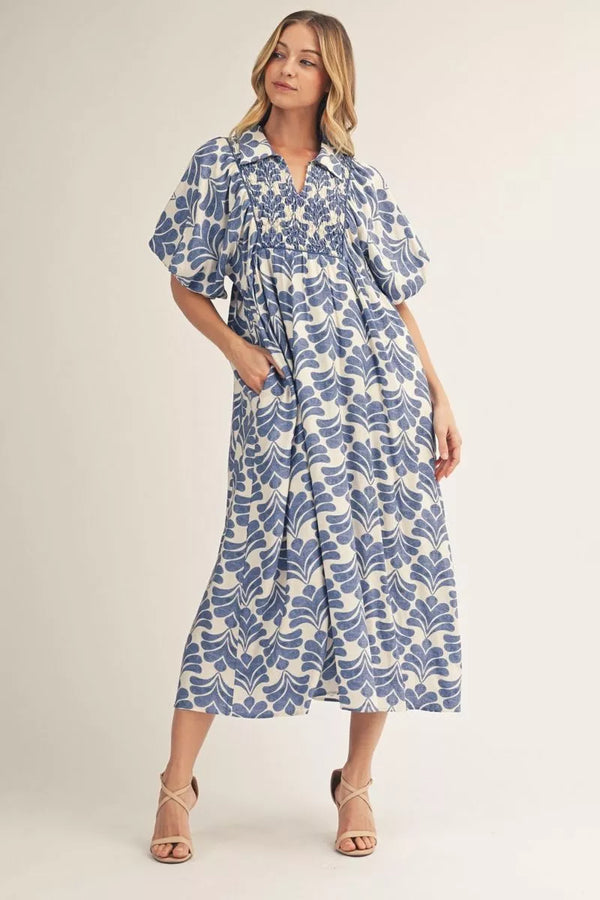 Short Puff Sleeves Denim Boho Floral Midi Dress w Smocked Chest