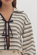 Lace Trim Tie Front Stripe Cardigan