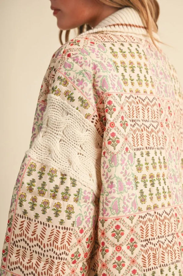 Mixed Media Puff Jacket in Warm Sand Floral