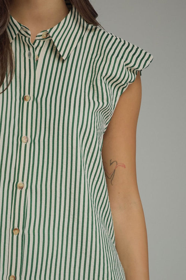 Olive Stripe Cap Sleeve Top w Ruffle Trim Sleeves