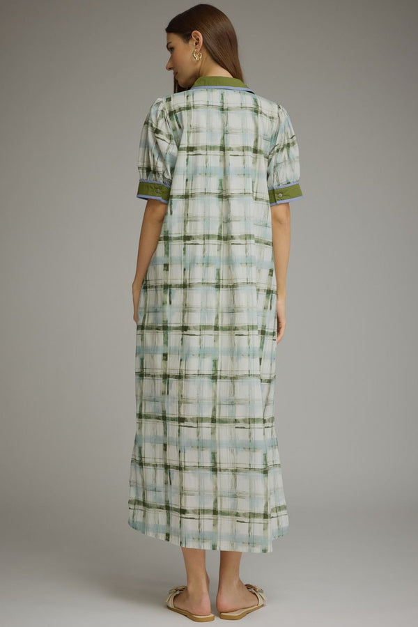 Olive Plaid Short Puff Sleeve Midi Dress