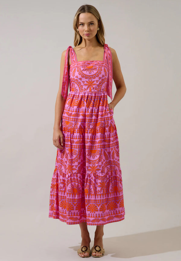 Tarie Tropical Emely Tiered Maxi Dress Pink & Orange
