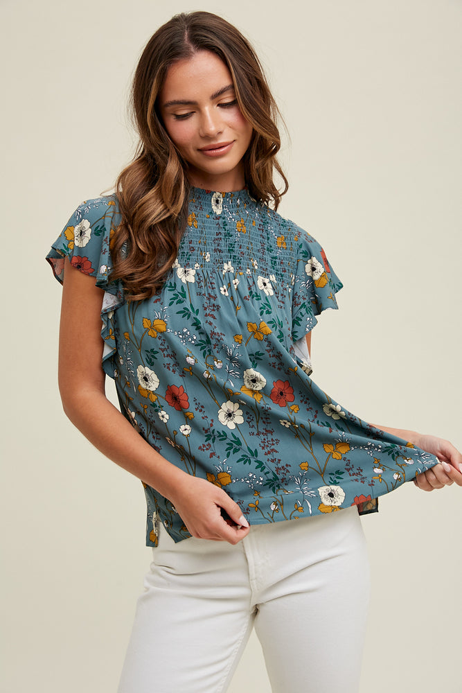 Teal Floral Mock Blouse