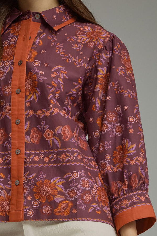 Wine Floral Print ¾ Sleeve Top w Contrast Trim