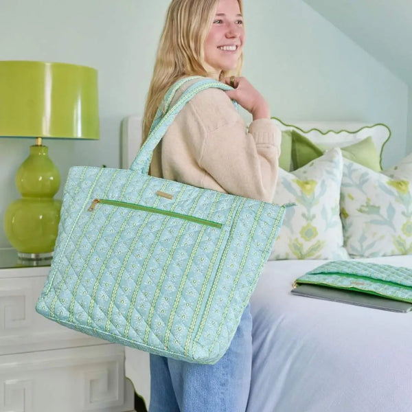 Rosemary Stripe Blue Quilted Tote Bag