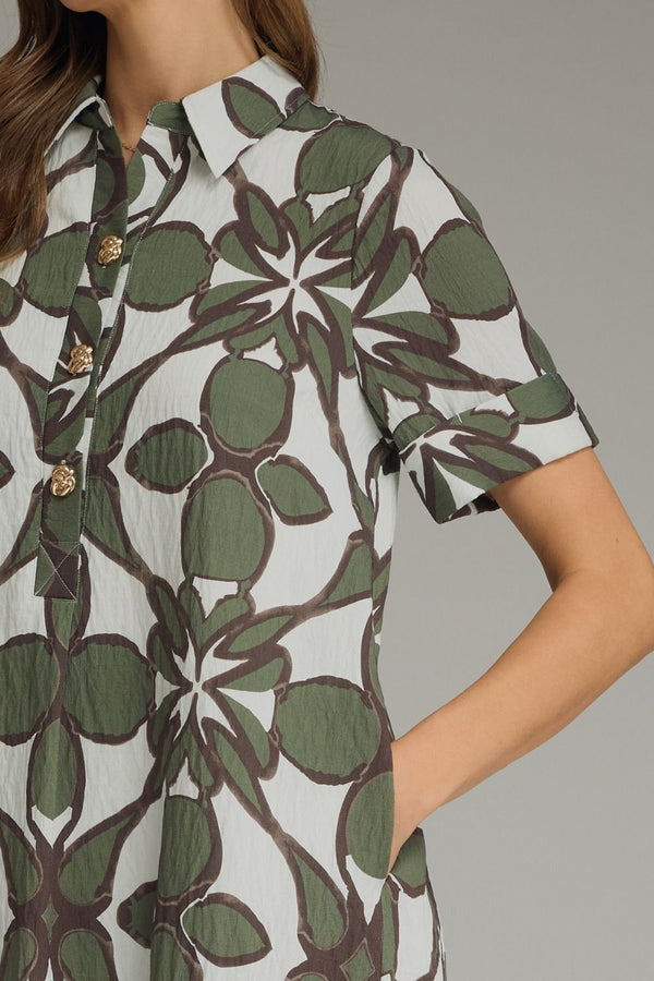 Olive Printed Shirt Dress featuring Gold Button Detail
