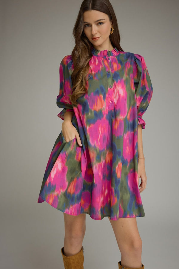 Magenta Printed Puff Sleeve Mini Dress w Ruffled Mock Neck