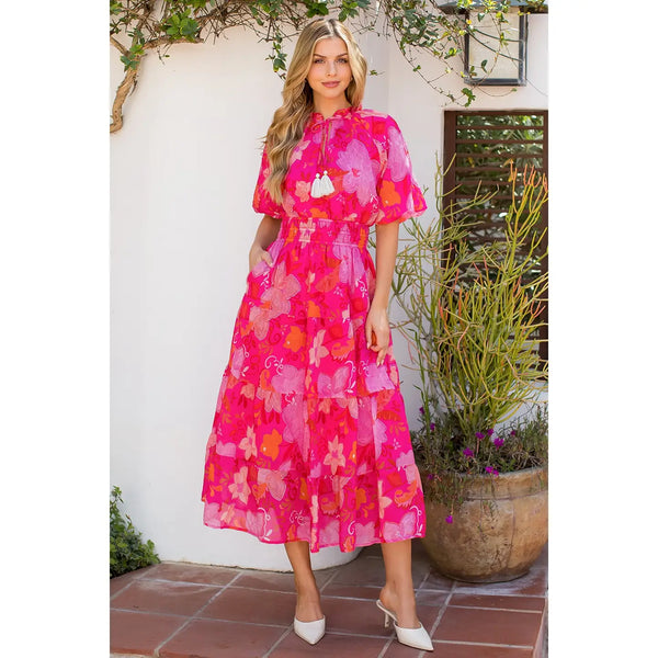 Floral Puff Sleeve Tiered Maxi Dress Pink