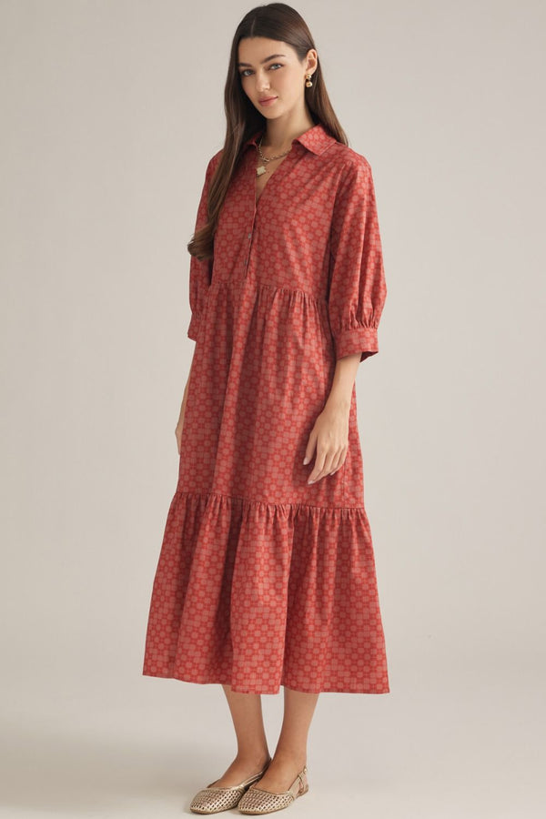 Rust Geometric Print ¾ Balloon Sleeve Midi Dress