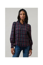 Chapman Plaid Split Neck Top Navy