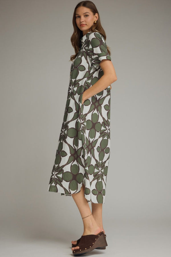 Olive Printed Shirt Dress featuring Gold Button Detail
