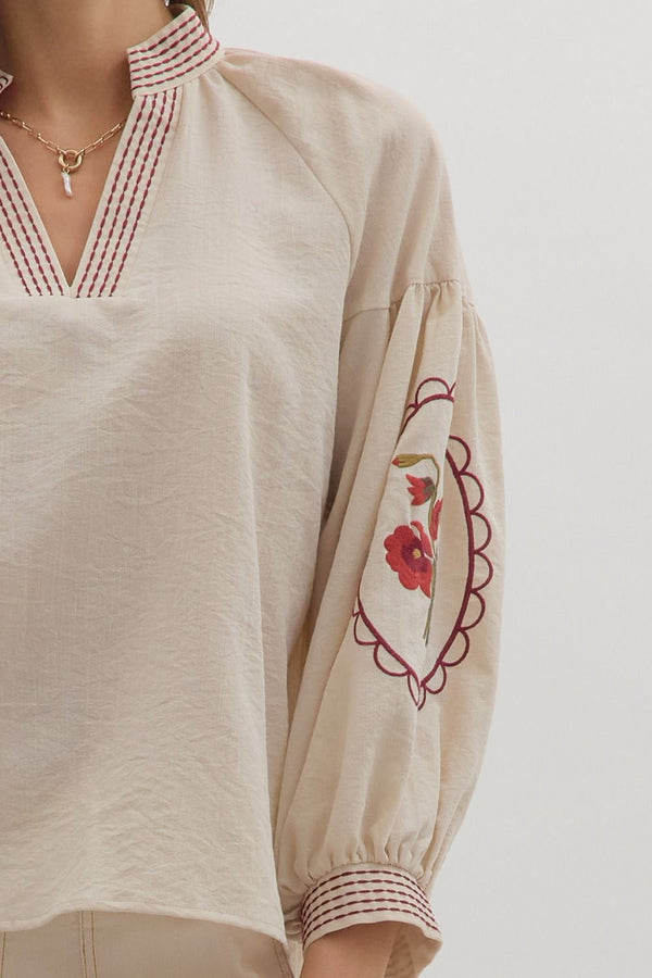 Ecru Long Sleeve Top w Floral Embroidery and Scallop Details