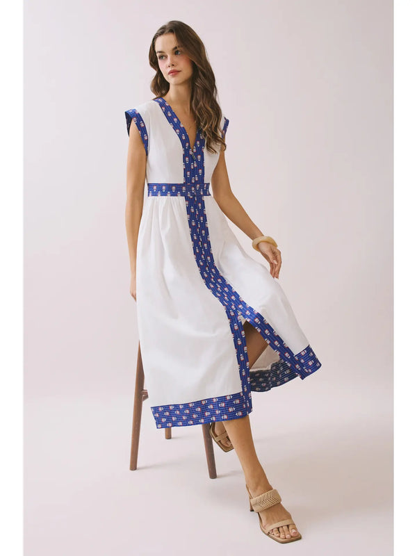 Contrast Printed Trim Detail V Neck Midi Dress