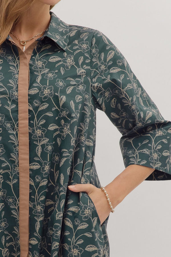 DK Navy Floral Print 3/4 Sleeve Midi Dress