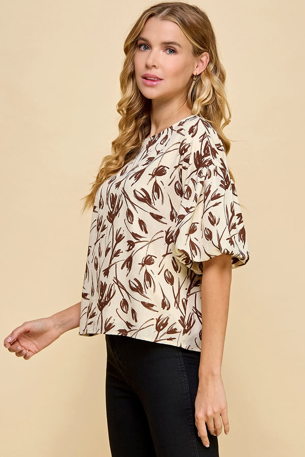 Chocolate Floral Balloon Sleeve Top
