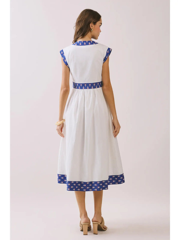 Contrast Printed Trim Detail V Neck Midi Dress