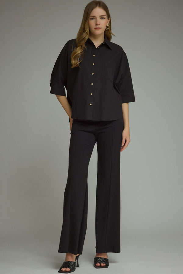Black ¾ Sleeve Top w Button Closure