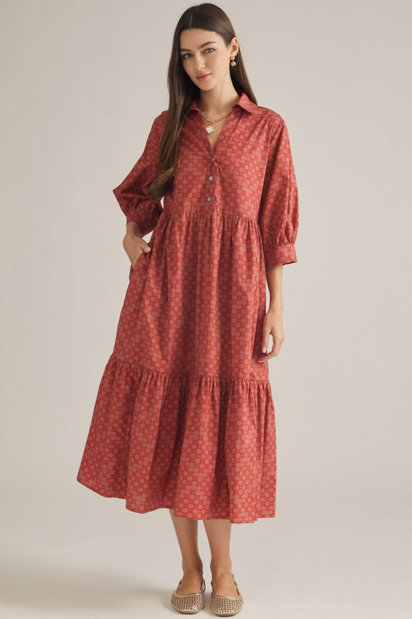 Rust Geometric Print ¾ Balloon Sleeve Midi Dress