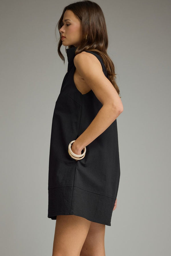 Solid Black Stand Collar Sleeveless Mini Dress