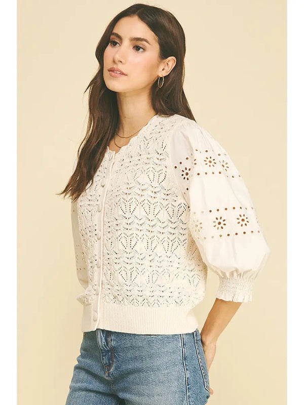 Eyelet & Knit Mixed Button Down Cardigan