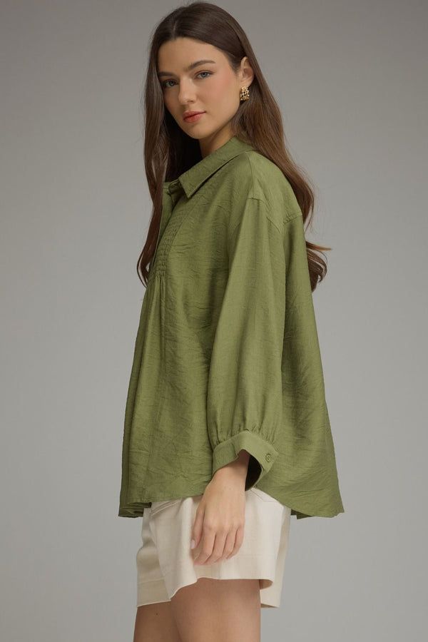 Solid Olive Long Sleeve Top featuring Smocked Detailing