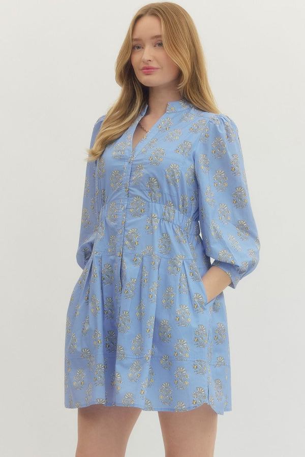 Blue Floral Print Mini Dress Featuring Band Collar