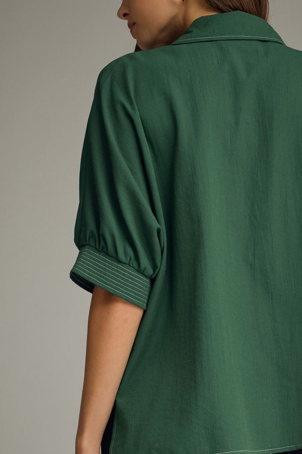 Green Short Sleeve Top w Split V-Neck & Contrast Stitch detail