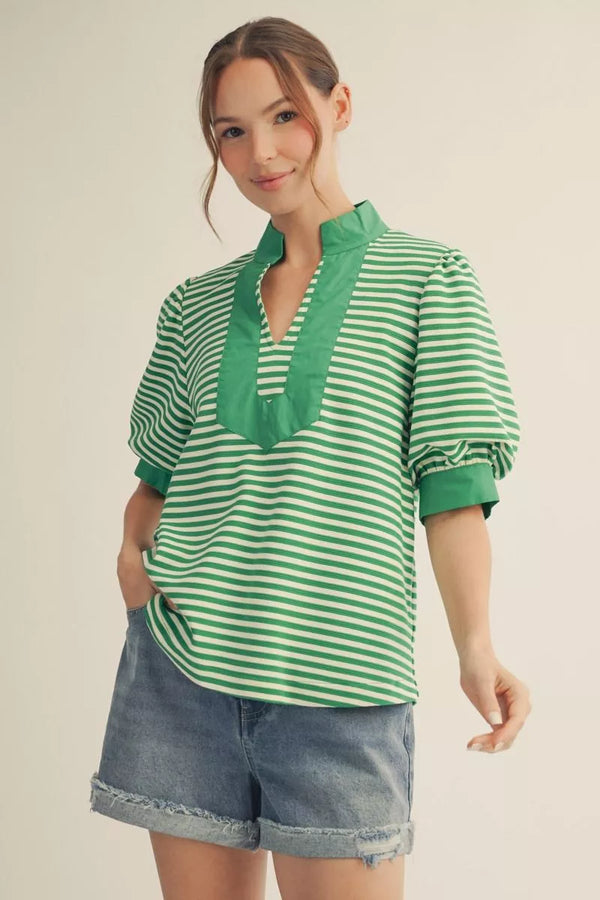 Short Kelly Green Puff Sleeves High Neck Stripe Top