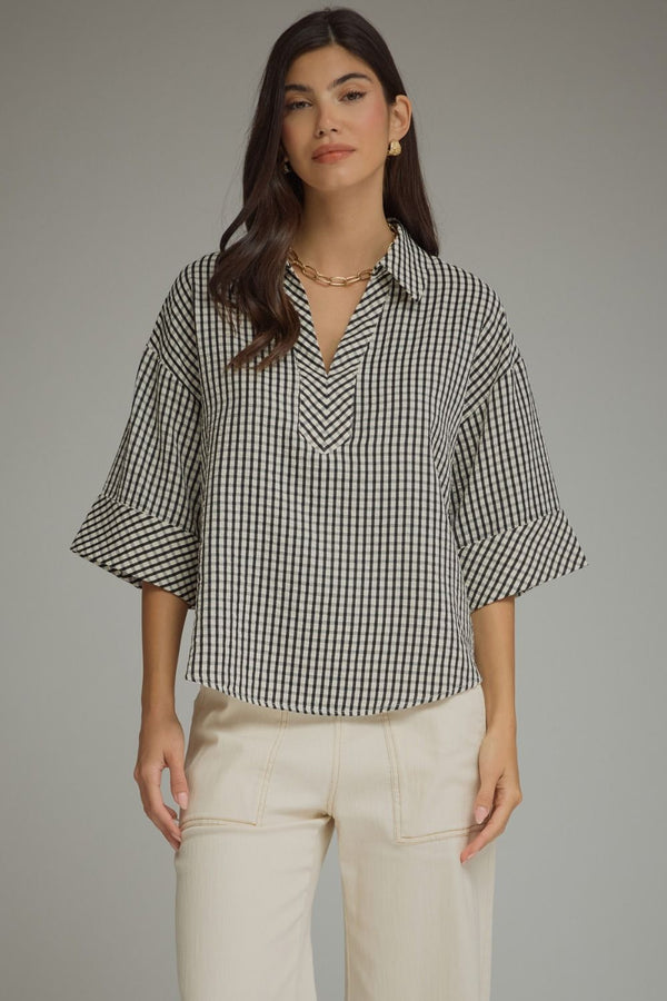 Black Gingham 3/4 Button Cuff Sleeve Top w V-neck Collar