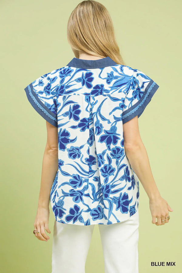 Blue Floral Split Neck Top