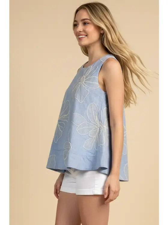 Lt. Blue Floral Embroidered Crew Neck Sleeveless Top
