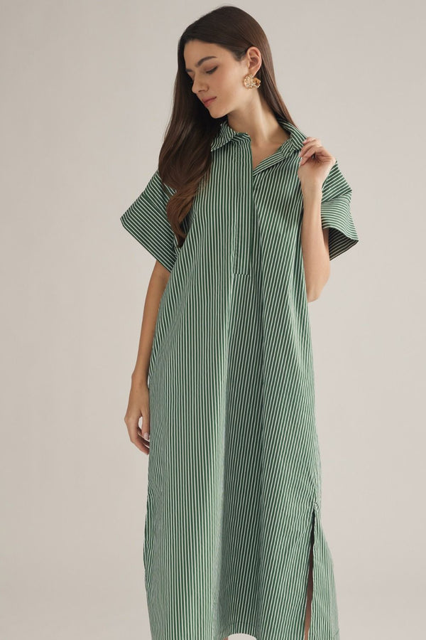 Green Stripe Shirt-Style Midi Dress featuring Side Slits