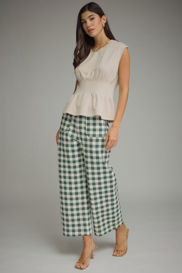 Green Gingham Wide Leg Pants Featuring Front Patch Pockets