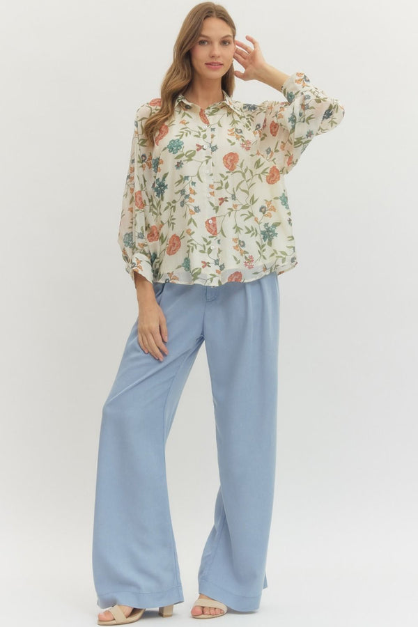 Floral Print Long Sleeve w Buttons & Collar