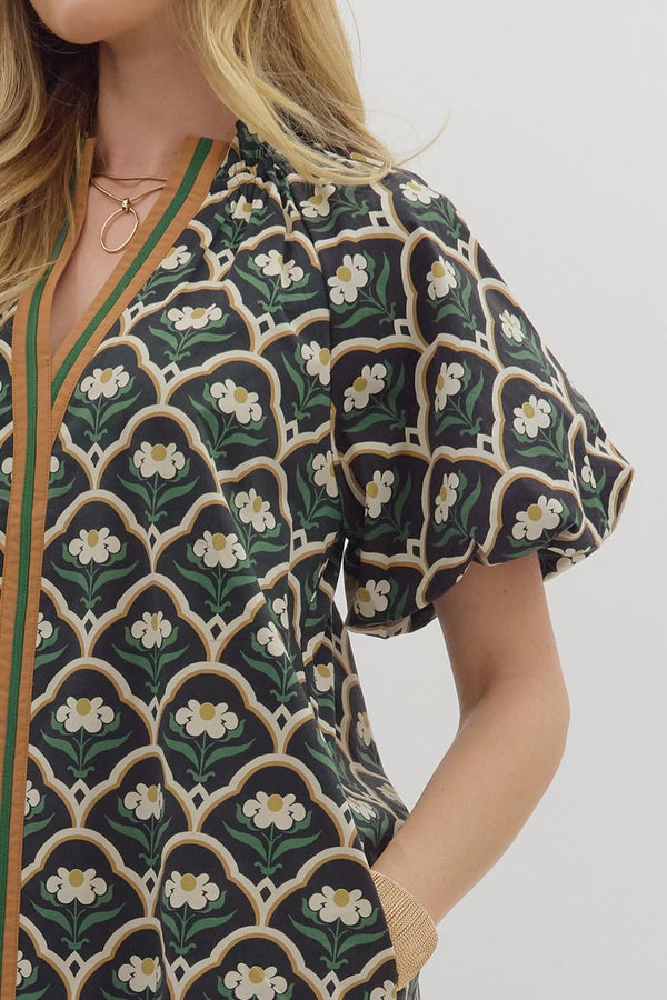 Botanical Print Short Puff Sleeve Mini Dress