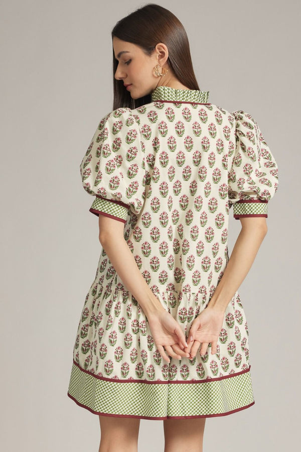 Ecru Print Puff Sleeve Mini Dress w Gingham Trim