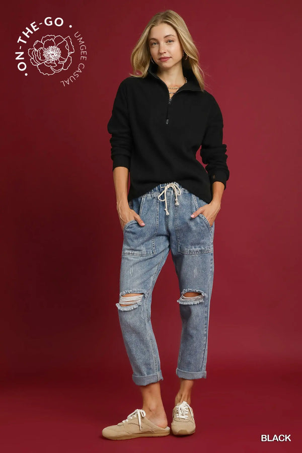 Black Ribbed Half-Zip Pullover