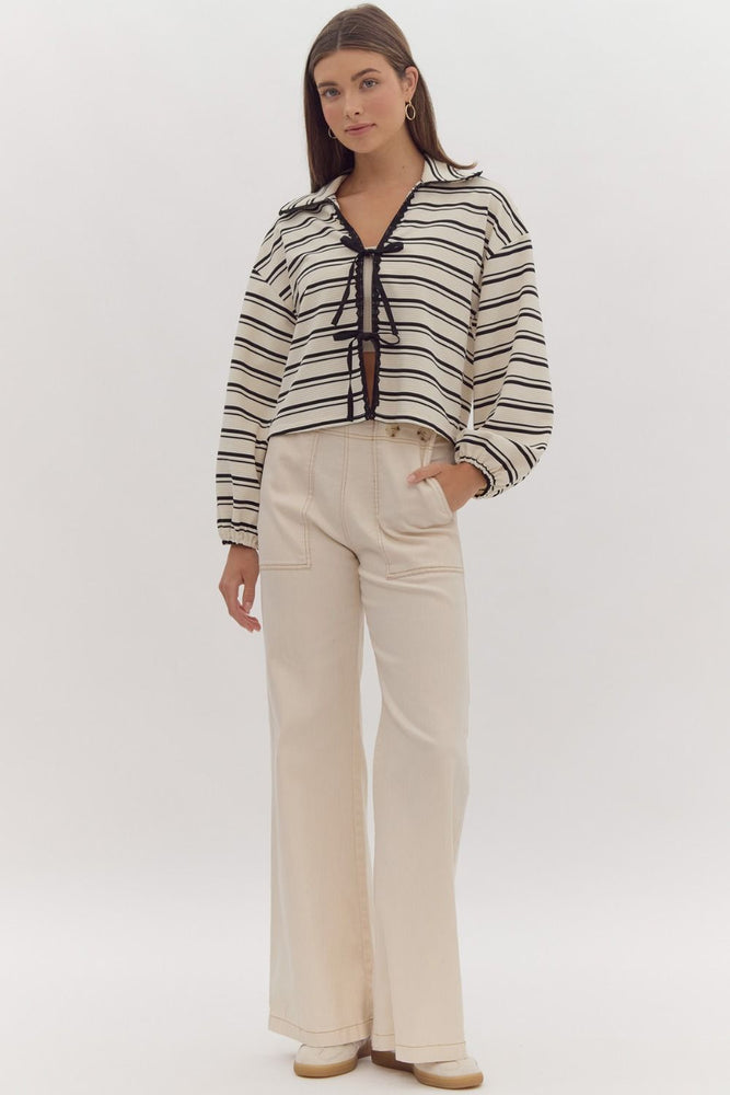 Lace Trim Tie Front Stripe Cardigan