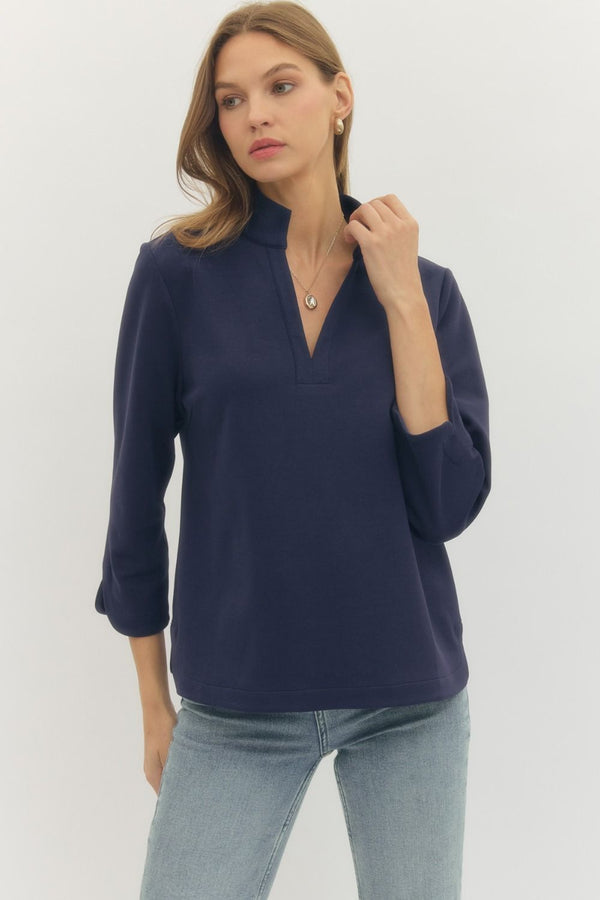 Navy Solid Split Neck 3/4 Sleeve Top